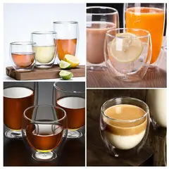 KUANGYE - Taza Cafe Expresso 4 Vasos Vidrio Doble Pared Térmica 80 Ml