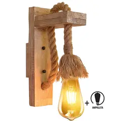GENERICO - Lampara de pared Nordic Wood cuerda rustica + Luz Led 4w