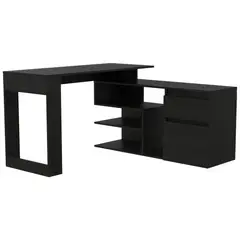 FMFURNITURE - Escritorio En L con 2 Cajones y Estantes Negro 73.5x121.5x137.5 cm