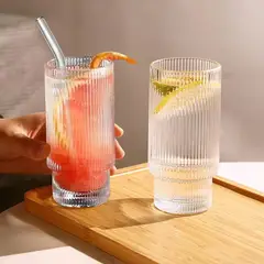 SANTU HOME & DECO - Set de 2 Vasos de Vidrio Diseño de Líneas 400ml