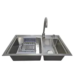 MODERN SPACE - Lavaplatos Doble 78x43 Cm Plateado Rejilla Dispensador Llave
