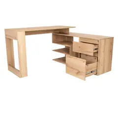 FMFURNITURE - Escritorio En L con 2 Cajones Café Claro 73.5x121.5x137.5 cm