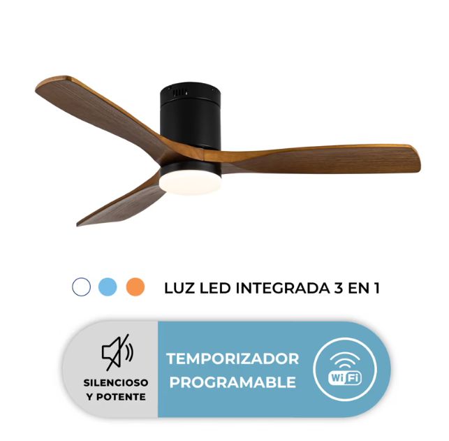 Ventilador Techo Terraza Silencioso de Madera Marron WiFi Con Luz LED