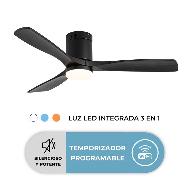 Ventilador Techo Terraza Silencioso de Madera Negro WiFi Con Luz LED