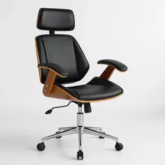 KLIK - Silla oficina cuero negra con apoyabrazos madera y respaldo cabeza