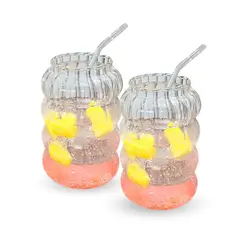 SANTU HOME & DECO - Set 2 Vasos Alto Diseño Ondas Bebida Vidrio 800 Ml Bombilla