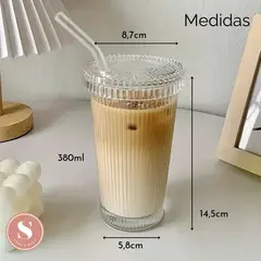 SANTU HOME & DECO - Set 2 Vasos Vidrio con Bombilla y Tapa Lineas 380ml