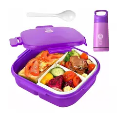 GENERICO - Fiambrera Lila Bento Box 900ml 3 Compartimentos + Cuchara y Botella