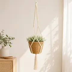 NECTAR - Porta-macetero colgante de macramé blanco 150x20cm con cesta 25x20cm