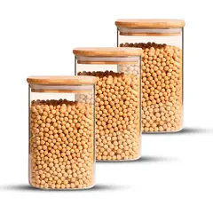 GENERICO - Pack 3 Contenedores Tarro Hermético Vidrio Tapa Bambú 1000ml