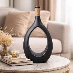 GENERICO - Florero Céramica Botella Con Cuerda 35cm NEGRO