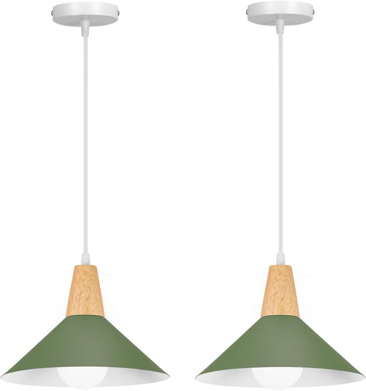 2 Unidades Lámpara colgante de metal madera nórdica E27 ø25cm - Verde