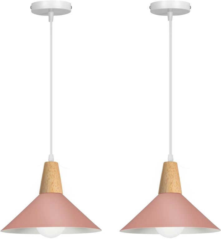 2 Unidades Lámpara colgante de metal Madera Nórdica E27 ø25cm - Rosa