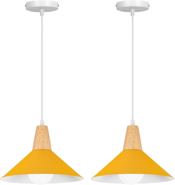 2 Unidades Lámpara colgante de metal madera E27 ø25cm - Amarillo