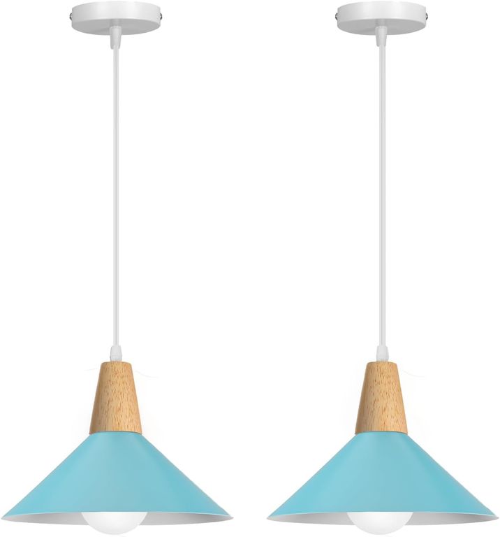 2 Unidades Lámpara colgante de metal Madera Nórdica E27 ø25cm - Azul