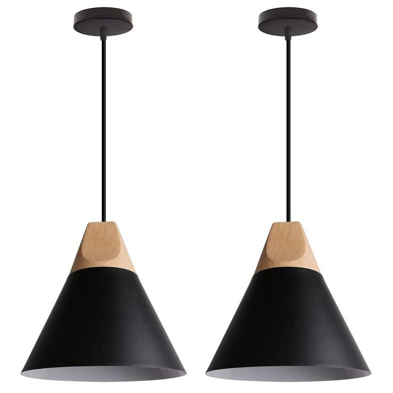 2 Unidades lámpara colgante de metal madera nórdica E27 Negro