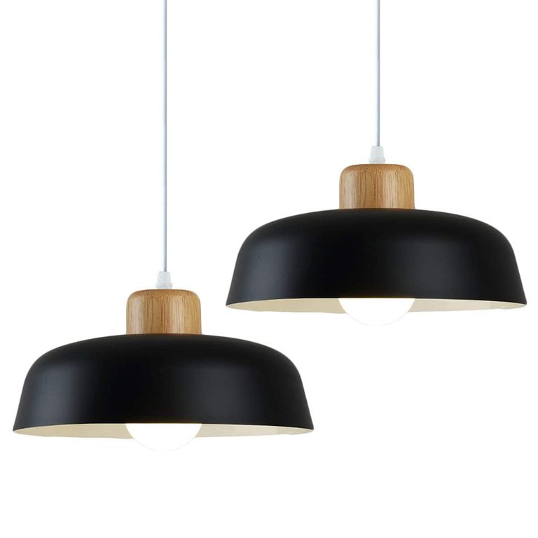 2 Unidades Lámpara colgante metal madera redonda nórdica E27 Negro