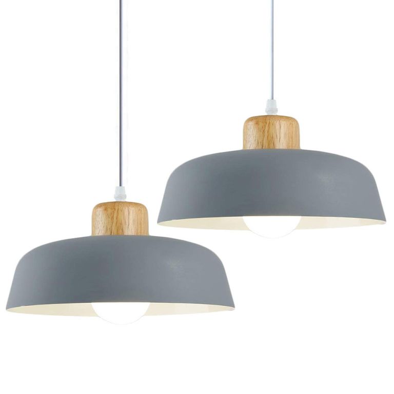 2 Unidades Lámpara de colgante de metal madera moderna Gris