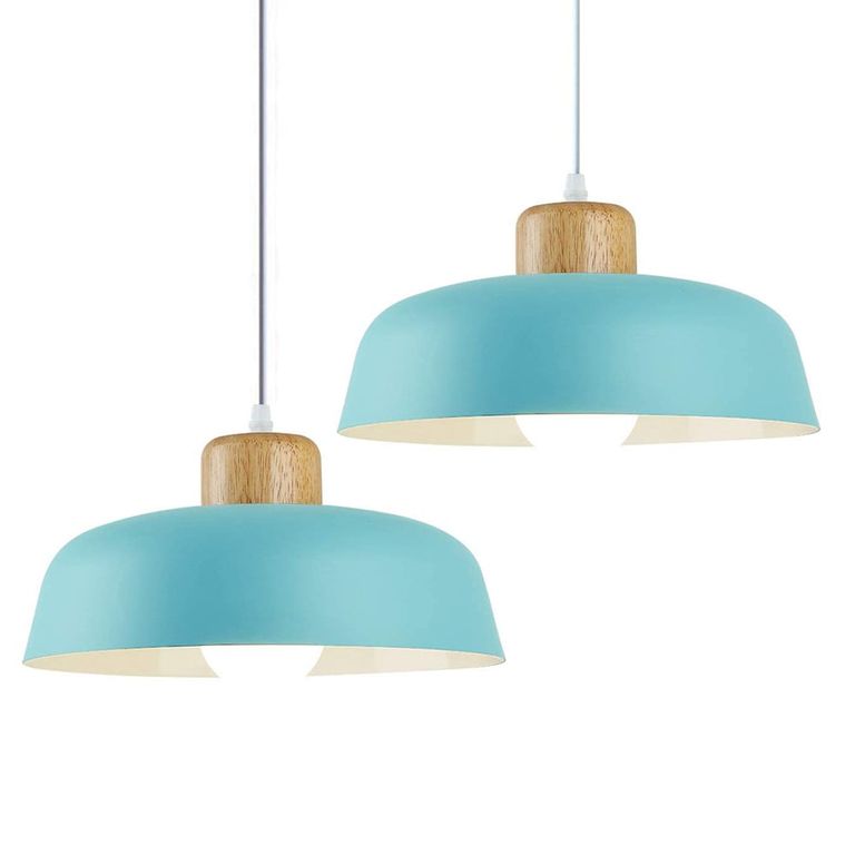 2 Unidades Lámpara colgante metal madera redonda nórdica E27 Azul