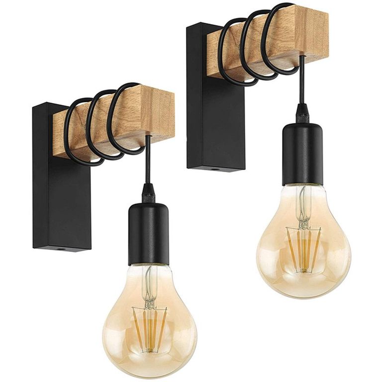 2 Unidades lámpara pared madera estilo moderno E27 Negro