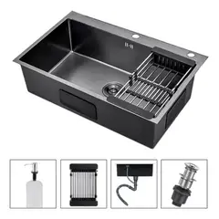 GENERICO - Lavaplatos Sobrecubierta Acero 55x45cm Negro con Accesorios