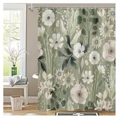 COMPRAPO - Cortina Baño Impermeable Flores y Oliva más + 12 Ganchos