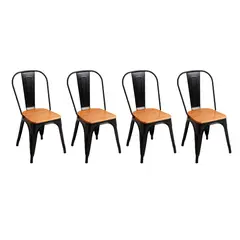 GLOBAL LATIN GROUP - Pack 4 Silla de Metal con Asiento de Madera Vintage y Elegante