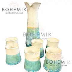 BOHEMIK - Set Jarra y Vasos para Pisco Sour Esmeralda y Crema
