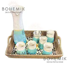 BOHEMIK - Pack Cocktail Set Jarra y Vasos para Pisco Sour Esmeralda y Bandeja EMA