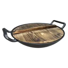 GENERICO - Wok de Hierro Fundido 36 cm de diámetro con tapa de bambú