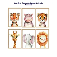 DECORACION CREATIVA - Set 6 Cuadros Infantil Niños Happy Animals Sabana
