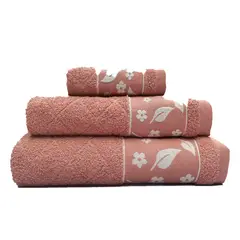 ANDES1 - Andes Juego Toallas Jacquard Hojas 3Piezas Rosa 100% Algodón