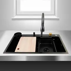 JOYTEK - Lavaplatos Americano Premium con Monomando y Cascada Negro 75x45x22 cm