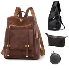 BRO TOUMI - 4 en 1 Mochila Cartera Bolso Juvenil de Mujer Impermeable SH -Marrón