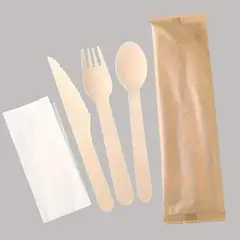 OMNIPACK - Set Tenedor, Cuchillo, Cuchara Madera y Servilleta (50 Unidades)