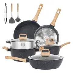 EVERSO - 12 Piezas Bateria De Cocina Granito Antiadherente NEGRO