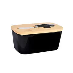 SIMPLIT - Mantequillero Cerámica Tapa Bamboo + Cuchillo 600 ml - Negro