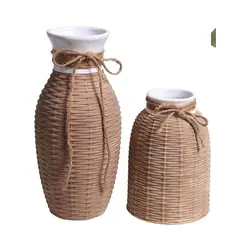 HOME ESSENTIALS - Set 2 jarrones de cerámica y caña