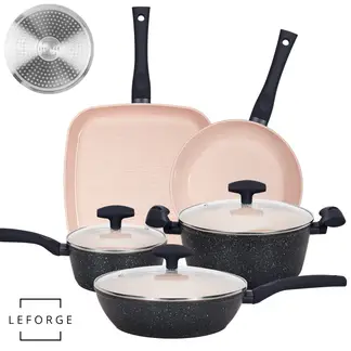 LEFORGE - Batería Cocina Cerámica Granito Antiadherente 8 Piezas Rosa Marengo