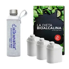 ALKANATUR - Pack 3 filtros + botella de Cristal borosilicato + libro bioalcalino