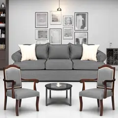 SITIAL HOME - LIVING 311 ANTONIA GRIS SOFA 3 CUERPOS RESORTES + 2 SITIALES MADERA