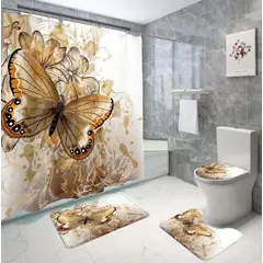 GENERICO - Set de baño cortina de baño, alfombra, mariposa dorada set 4 piezas wm