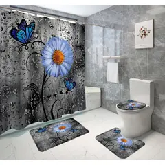 GENERICO - Set de baño cortina de baño, alfombra, gris flor 4 piezas wm