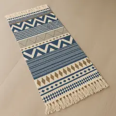 ALTERNATIVE - Bajada De Cama 60x130 Cm Lino Diseño Étnico Azul Y Beige 741.