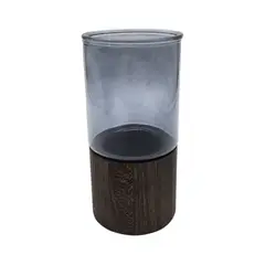 FLIPEREX - Florero Decorativo De Vidrio Liso Tonos Gris Con Base Madera.