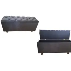 MUEBLES DE MADERA - Banqueta baúl tapizada en felpa gris plomo con espacio para guardar