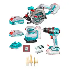 TOTAL TOOLS - Kit Taladro Percutor + Sierra Circular + Lijadora 20v Total.