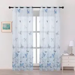 GENERICO - Cortina Velo Visillo Bordado 140 x 230 cm 2 Paños - Mariposas Azules