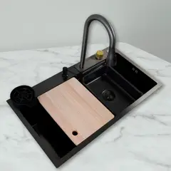 JOYTEK - Lavaplatos Americano Premium con Monomando y Cascada Negro 80x45x22 cm