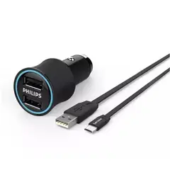 PHILIPS - Cargador auto USB Doble con cable USB a Micro USB
